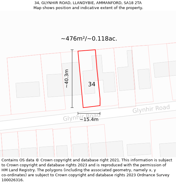 34, GLYNHIR ROAD, LLANDYBIE, AMMANFORD, SA18 2TA: Plot and title map