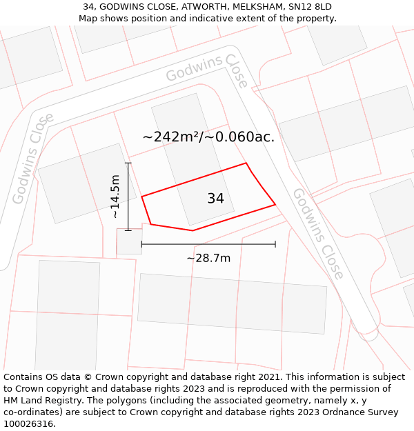 34, GODWINS CLOSE, ATWORTH, MELKSHAM, SN12 8LD: Plot and title map