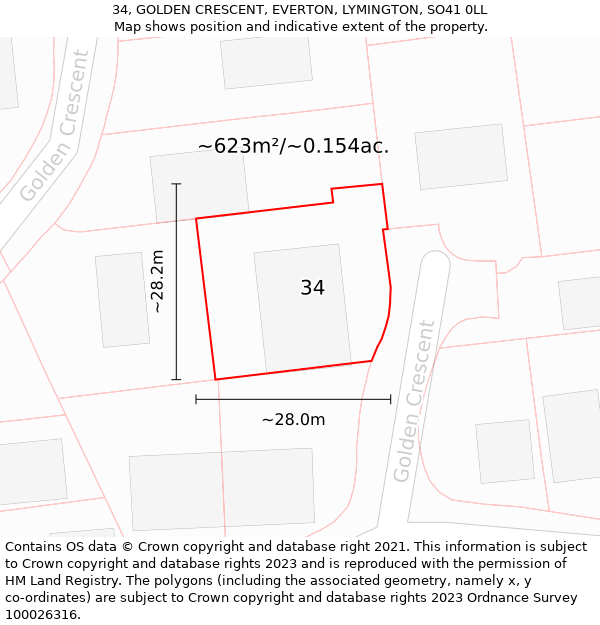 34, GOLDEN CRESCENT, EVERTON, LYMINGTON, SO41 0LL: Plot and title map