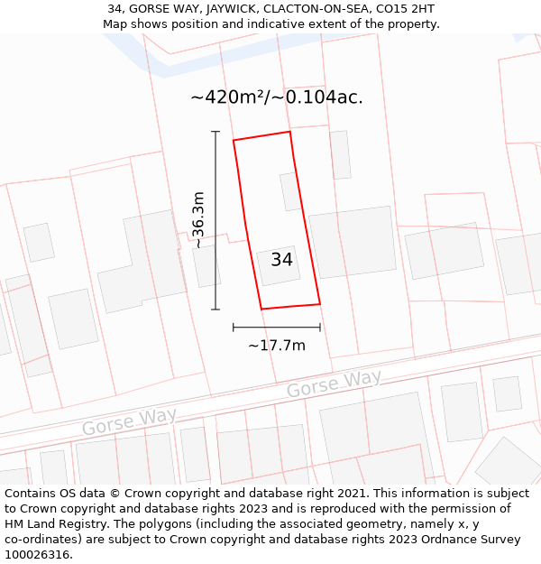 34, GORSE WAY, JAYWICK, CLACTON-ON-SEA, CO15 2HT: Plot and title map