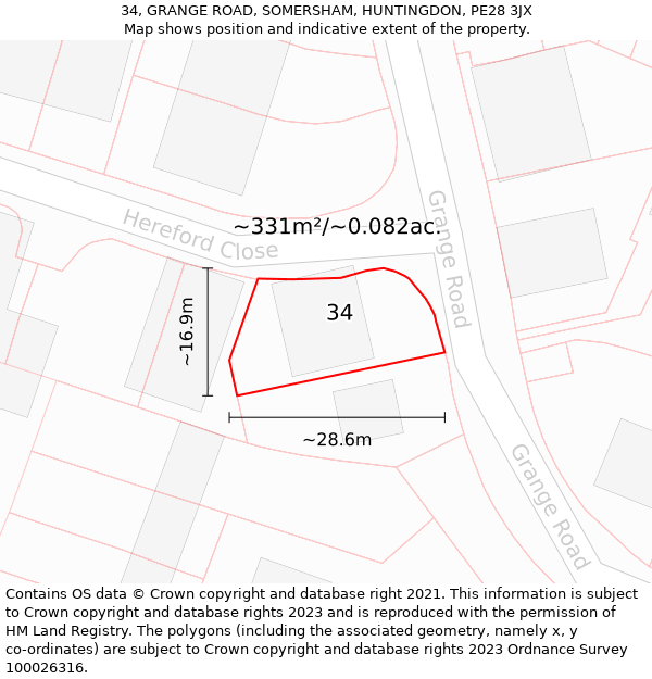 34, GRANGE ROAD, SOMERSHAM, HUNTINGDON, PE28 3JX: Plot and title map