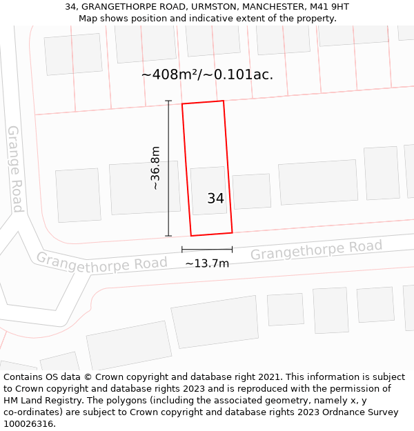 34, GRANGETHORPE ROAD, URMSTON, MANCHESTER, M41 9HT: Plot and title map