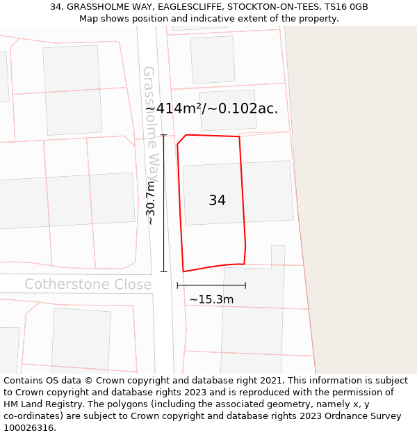 34, GRASSHOLME WAY, EAGLESCLIFFE, STOCKTON-ON-TEES, TS16 0GB: Plot and title map