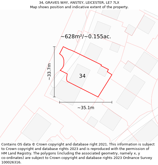 34, GRAVES WAY, ANSTEY, LEICESTER, LE7 7LX: Plot and title map