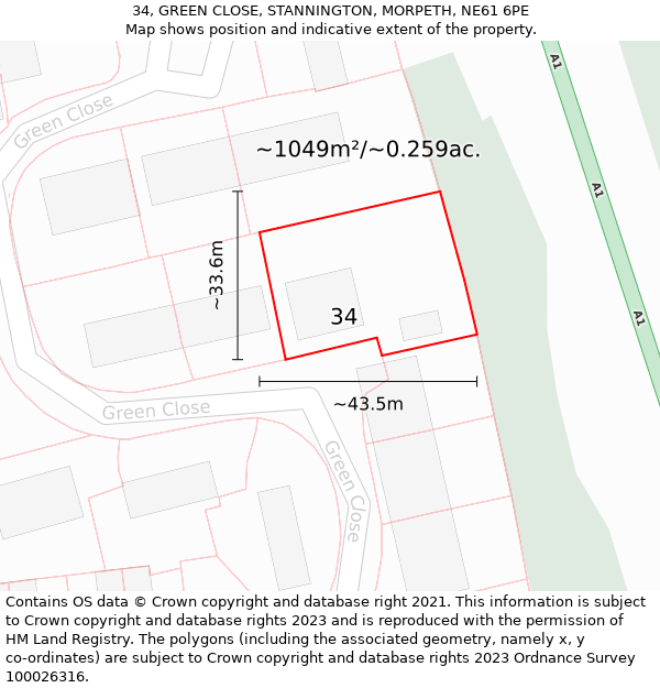 34, GREEN CLOSE, STANNINGTON, MORPETH, NE61 6PE: Plot and title map