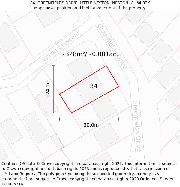 34, GREENFIELDS DRIVE, LITTLE NESTON, NESTON, CH64 0TX: Plot and title map