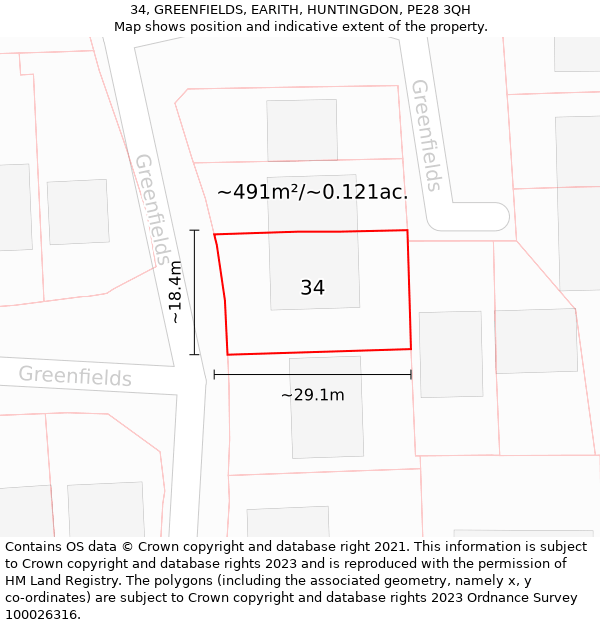 34, GREENFIELDS, EARITH, HUNTINGDON, PE28 3QH: Plot and title map