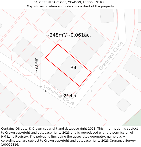 34, GREENLEA CLOSE, YEADON, LEEDS, LS19 7JL: Plot and title map