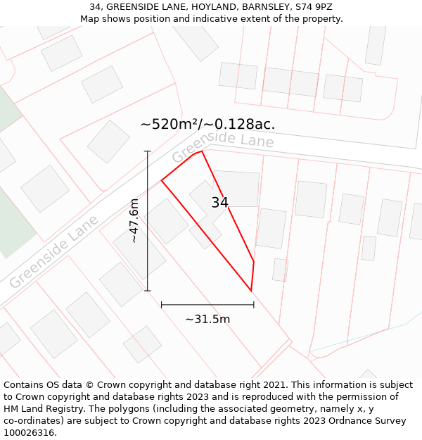 34, GREENSIDE LANE, HOYLAND, BARNSLEY, S74 9PZ: Plot and title map