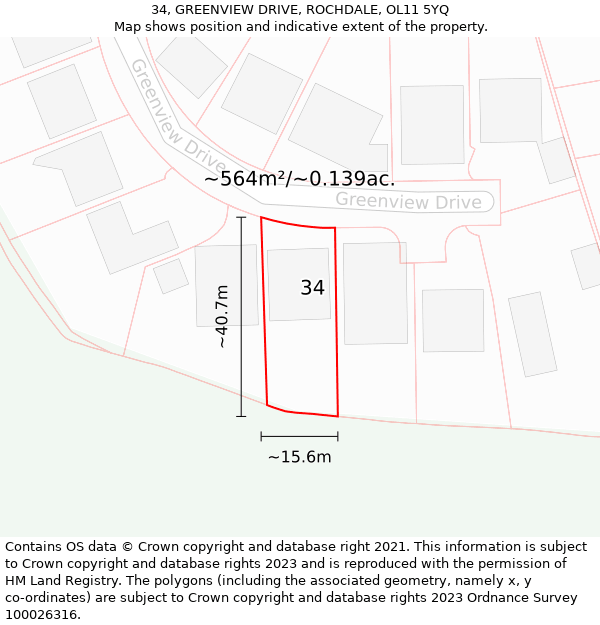 34, GREENVIEW DRIVE, ROCHDALE, OL11 5YQ: Plot and title map