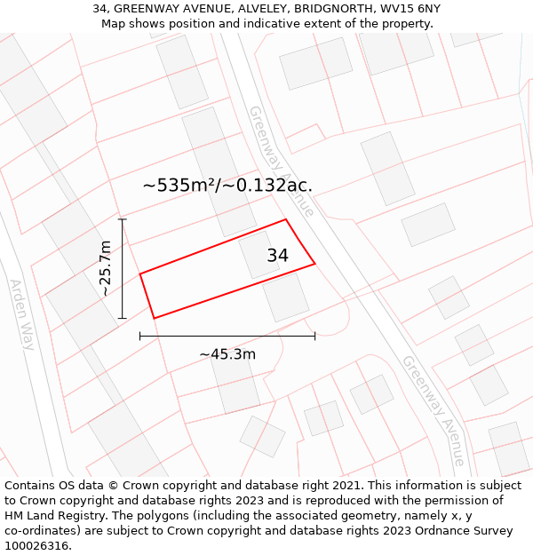 34, GREENWAY AVENUE, ALVELEY, BRIDGNORTH, WV15 6NY: Plot and title map