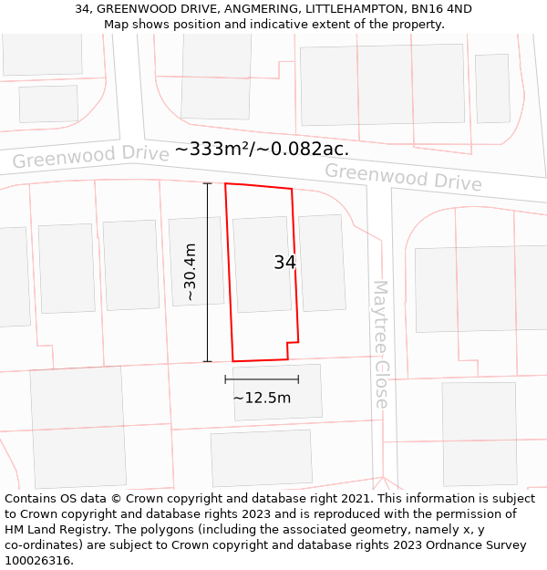 34, GREENWOOD DRIVE, ANGMERING, LITTLEHAMPTON, BN16 4ND: Plot and title map