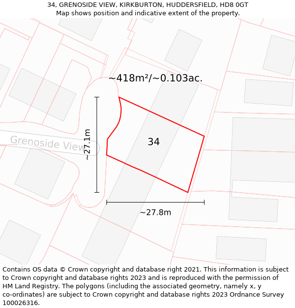 34, GRENOSIDE VIEW, KIRKBURTON, HUDDERSFIELD, HD8 0GT: Plot and title map