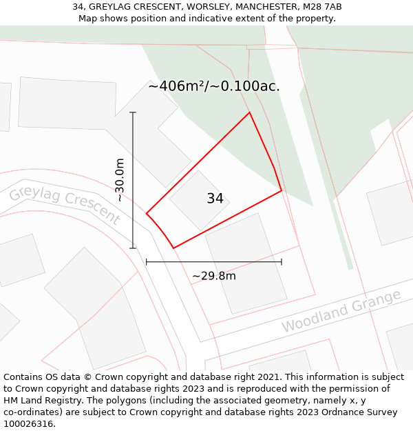 34, GREYLAG CRESCENT, WORSLEY, MANCHESTER, M28 7AB: Plot and title map