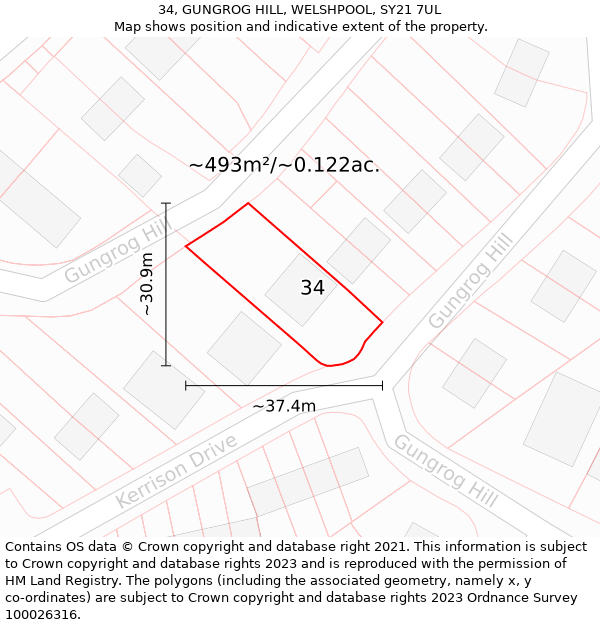 34, GUNGROG HILL, WELSHPOOL, SY21 7UL: Plot and title map