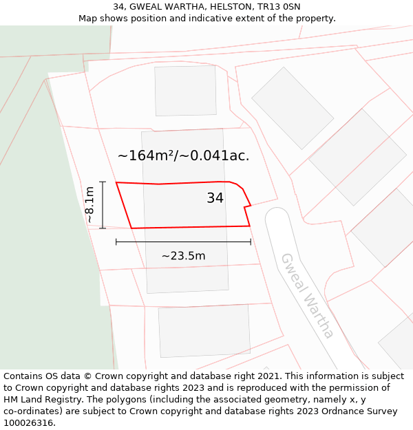 34, GWEAL WARTHA, HELSTON, TR13 0SN: Plot and title map