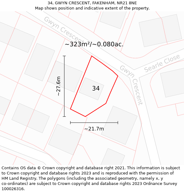 34, GWYN CRESCENT, FAKENHAM, NR21 8NE: Plot and title map