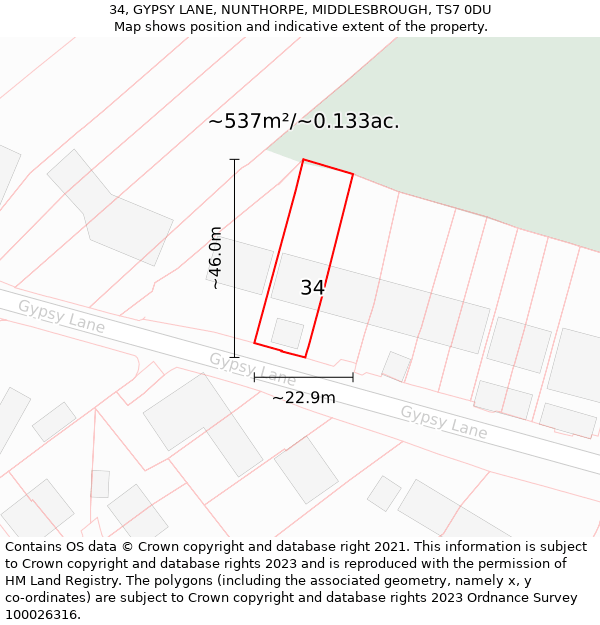 34, GYPSY LANE, NUNTHORPE, MIDDLESBROUGH, TS7 0DU: Plot and title map