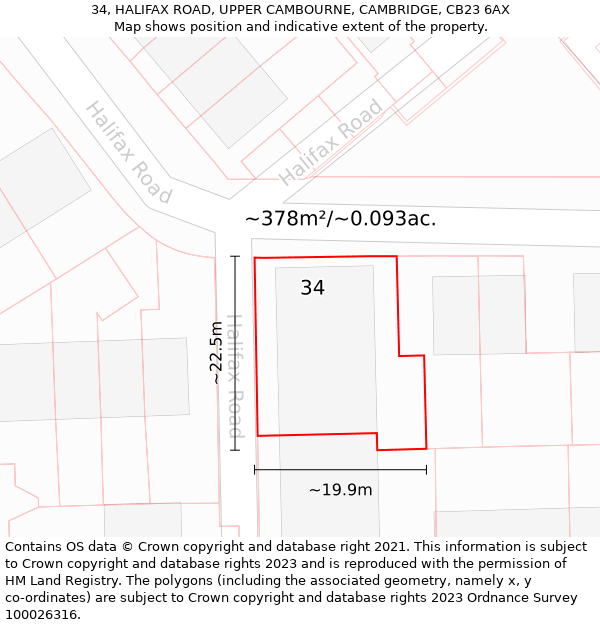 34, HALIFAX ROAD, UPPER CAMBOURNE, CAMBRIDGE, CB23 6AX: Plot and title map