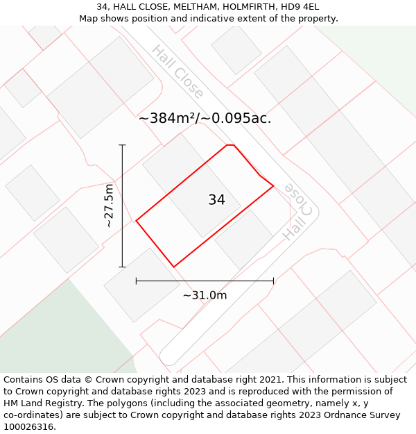 34, HALL CLOSE, MELTHAM, HOLMFIRTH, HD9 4EL: Plot and title map