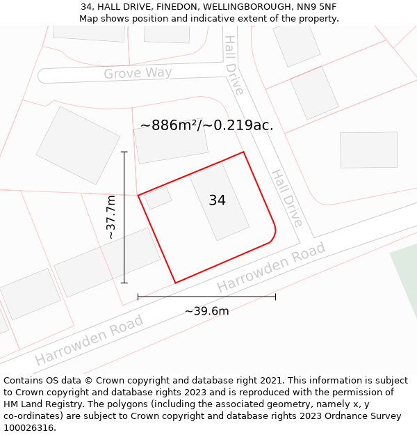 34, HALL DRIVE, FINEDON, WELLINGBOROUGH, NN9 5NF: Plot and title map