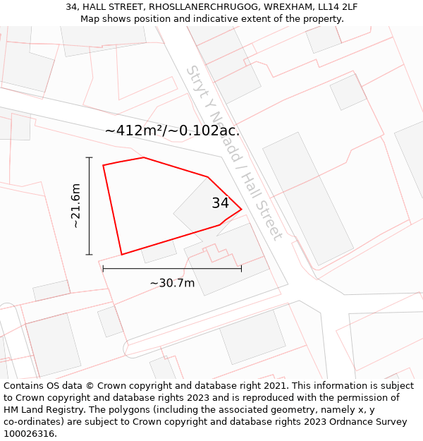 34, HALL STREET, RHOSLLANERCHRUGOG, WREXHAM, LL14 2LF: Plot and title map