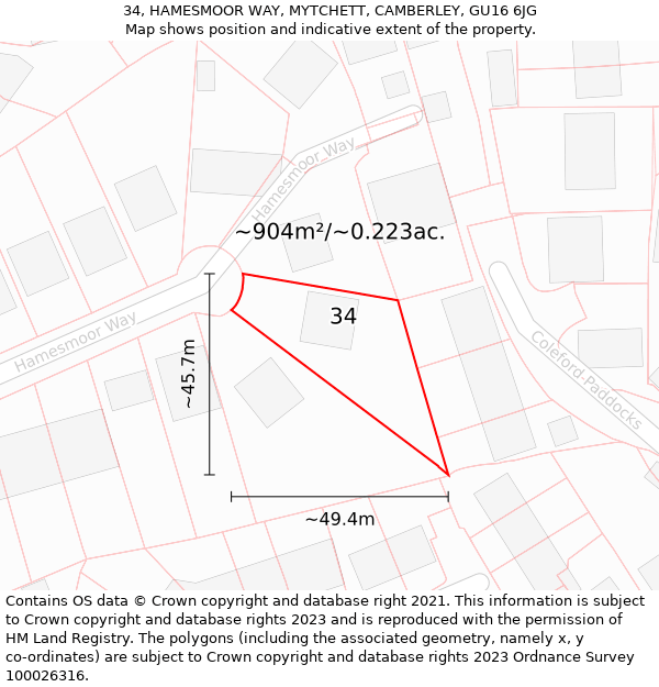 34, HAMESMOOR WAY, MYTCHETT, CAMBERLEY, GU16 6JG: Plot and title map