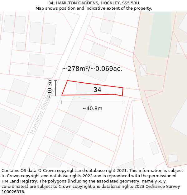 34, HAMILTON GARDENS, HOCKLEY, SS5 5BU: Plot and title map