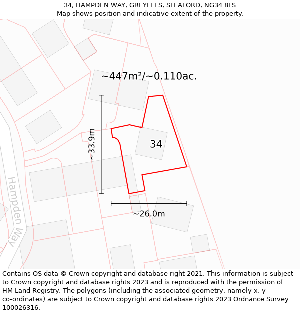 34, HAMPDEN WAY, GREYLEES, SLEAFORD, NG34 8FS: Plot and title map