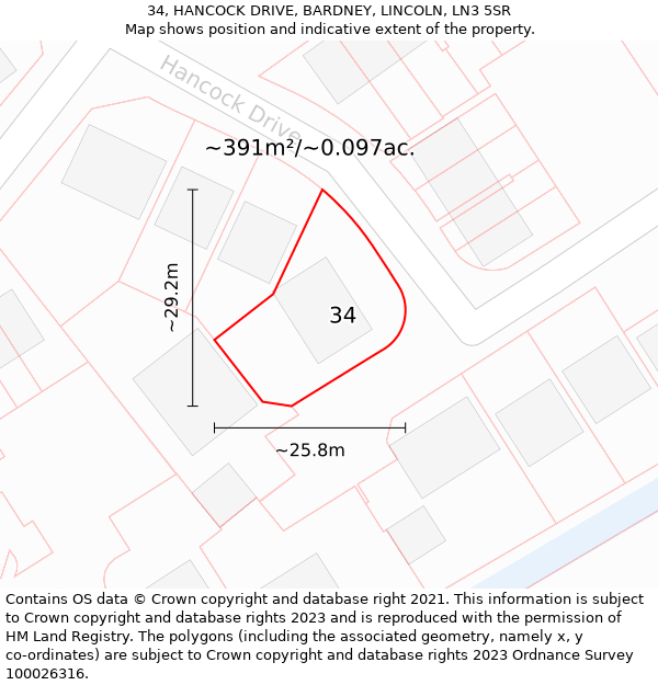 34, HANCOCK DRIVE, BARDNEY, LINCOLN, LN3 5SR: Plot and title map