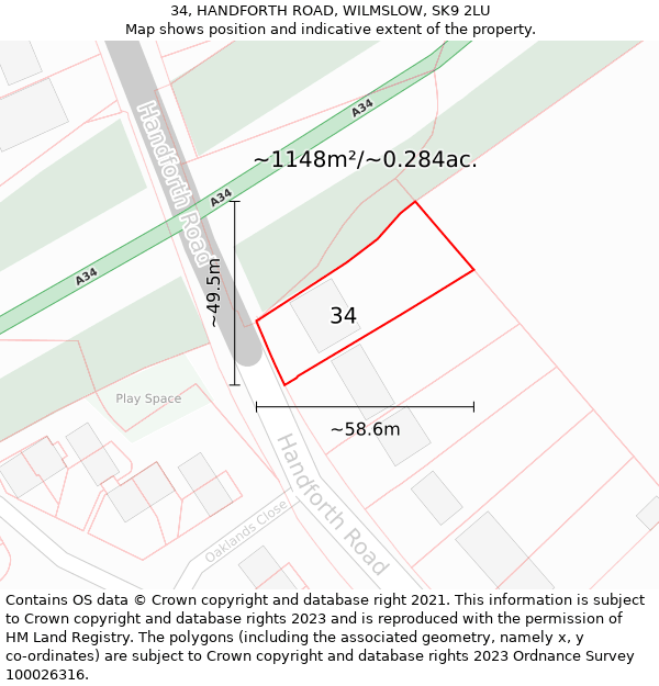 34, HANDFORTH ROAD, WILMSLOW, SK9 2LU: Plot and title map