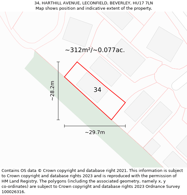 34, HARTHILL AVENUE, LECONFIELD, BEVERLEY, HU17 7LN: Plot and title map