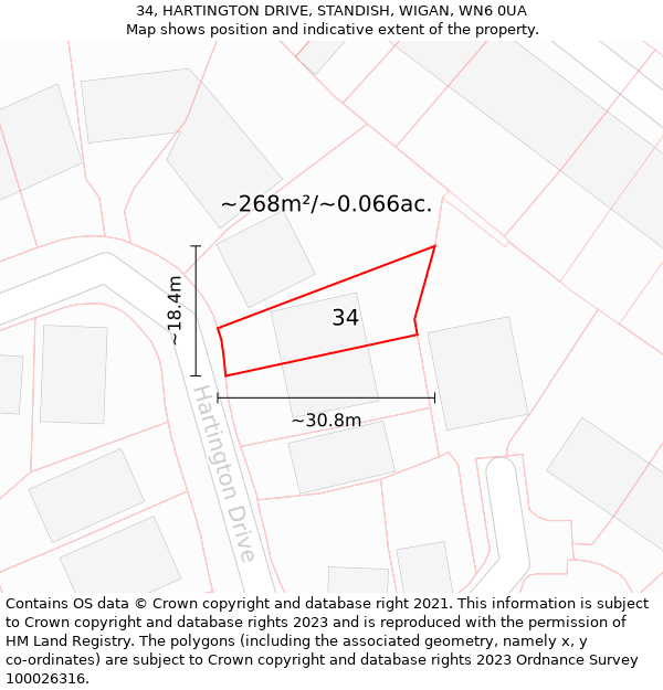 34, HARTINGTON DRIVE, STANDISH, WIGAN, WN6 0UA: Plot and title map