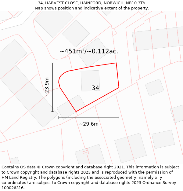 34, HARVEST CLOSE, HAINFORD, NORWICH, NR10 3TA: Plot and title map
