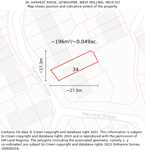 34, HARVEST RIDGE, LEYBOURNE, WEST MALLING, ME19 5LY: Plot and title map