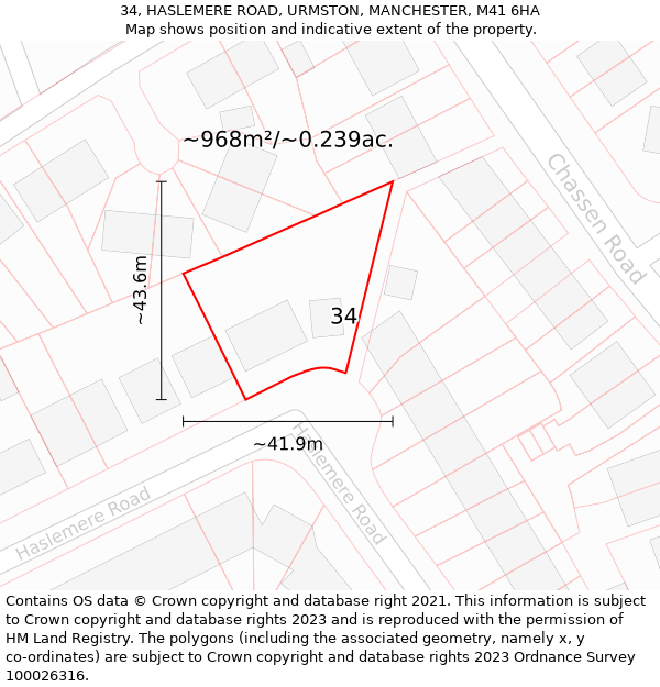 34, HASLEMERE ROAD, URMSTON, MANCHESTER, M41 6HA: Plot and title map