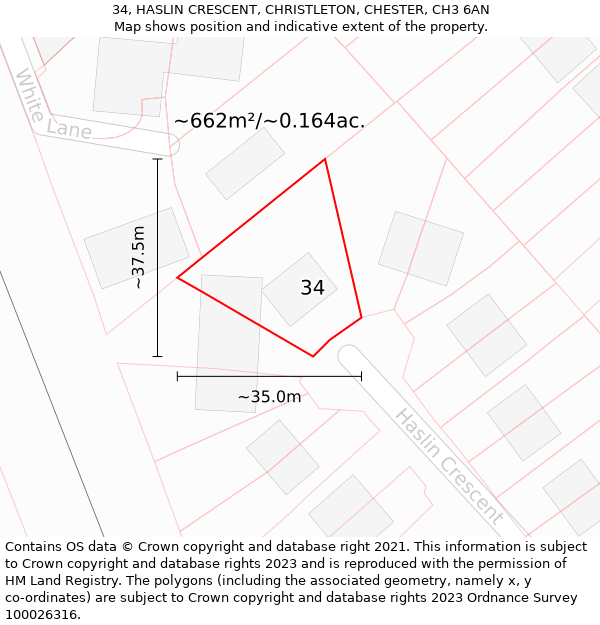 34, HASLIN CRESCENT, CHRISTLETON, CHESTER, CH3 6AN: Plot and title map