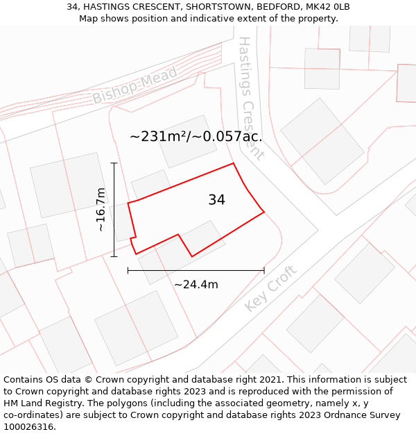 34, HASTINGS CRESCENT, SHORTSTOWN, BEDFORD, MK42 0LB: Plot and title map