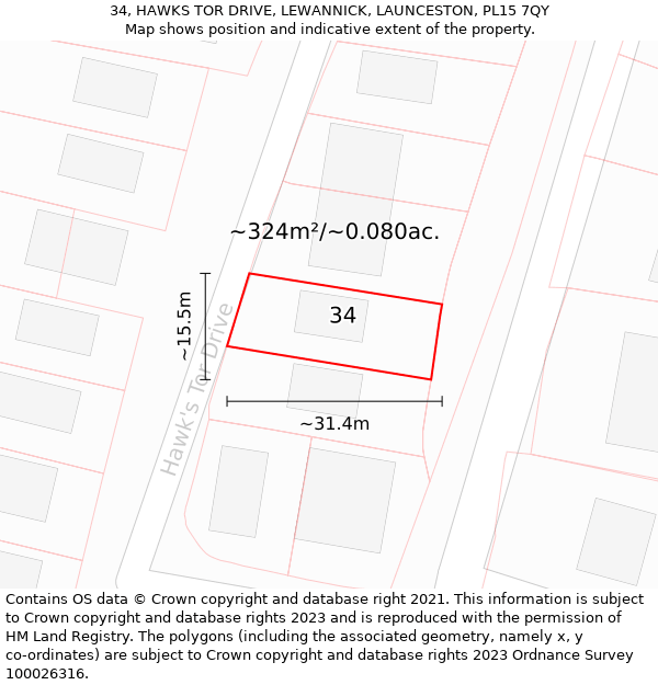 34, HAWKS TOR DRIVE, LEWANNICK, LAUNCESTON, PL15 7QY: Plot and title map