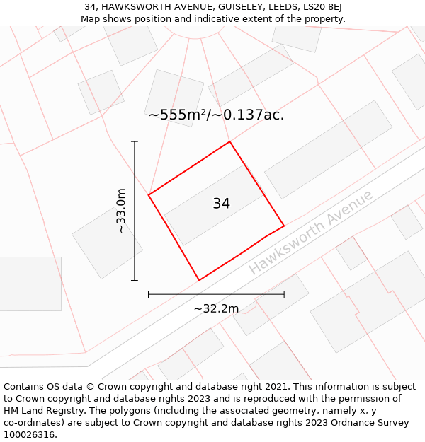 34, HAWKSWORTH AVENUE, GUISELEY, LEEDS, LS20 8EJ: Plot and title map