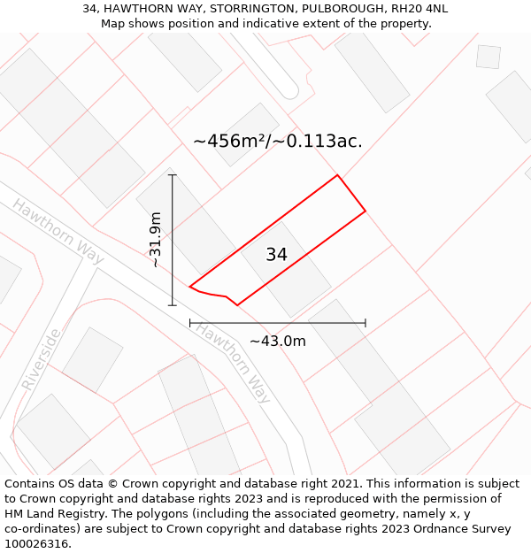 34, HAWTHORN WAY, STORRINGTON, PULBOROUGH, RH20 4NL: Plot and title map