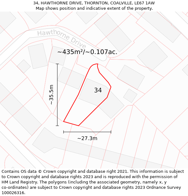 34, HAWTHORNE DRIVE, THORNTON, COALVILLE, LE67 1AW: Plot and title map