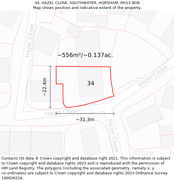 34, HAZEL CLOSE, SOUTHWATER, HORSHAM, RH13 9GN: Plot and title map