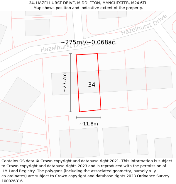 34, HAZELHURST DRIVE, MIDDLETON, MANCHESTER, M24 6TL: Plot and title map