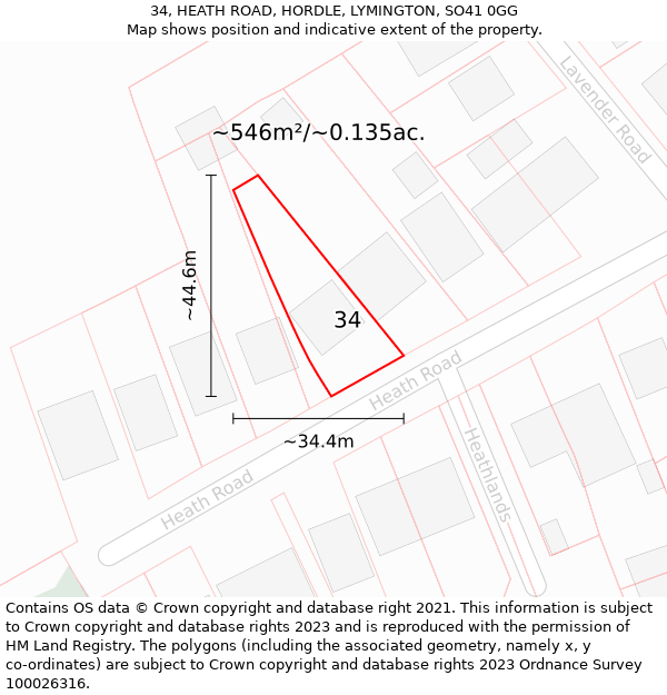 34, HEATH ROAD, HORDLE, LYMINGTON, SO41 0GG: Plot and title map