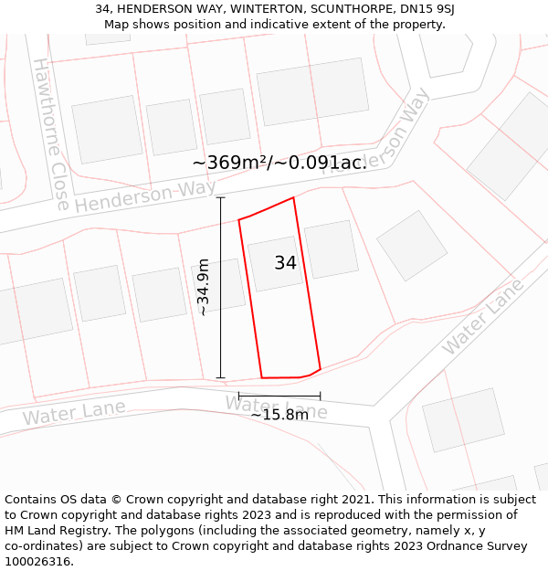 34, HENDERSON WAY, WINTERTON, SCUNTHORPE, DN15 9SJ: Plot and title map