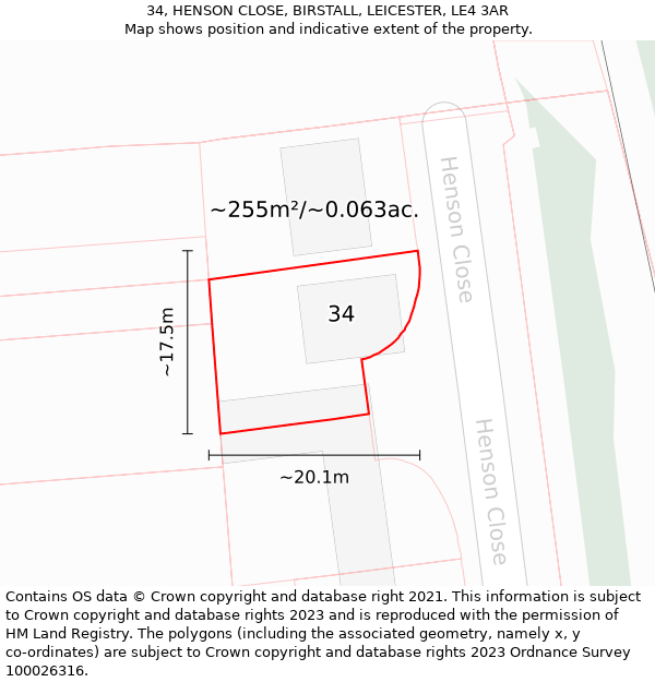 34, HENSON CLOSE, BIRSTALL, LEICESTER, LE4 3AR: Plot and title map