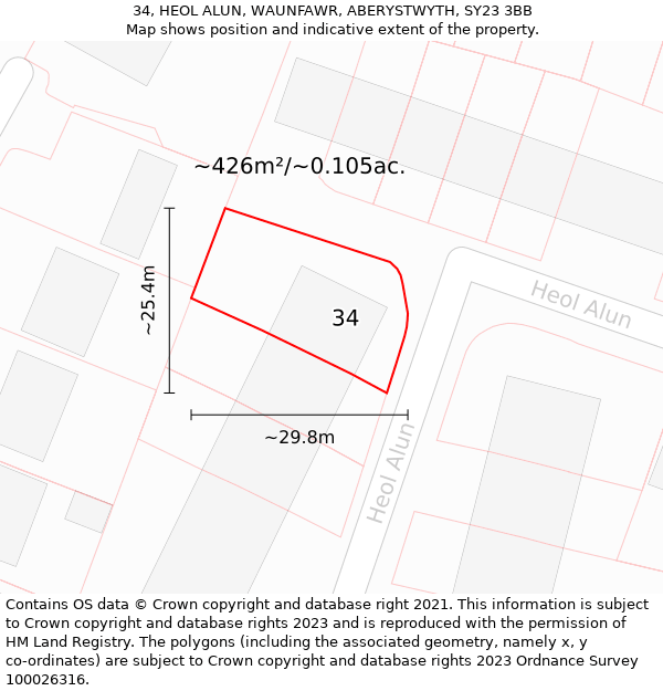 34, HEOL ALUN, WAUNFAWR, ABERYSTWYTH, SY23 3BB: Plot and title map