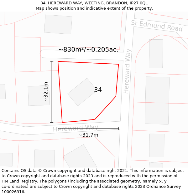 34, HEREWARD WAY, WEETING, BRANDON, IP27 0QL: Plot and title map