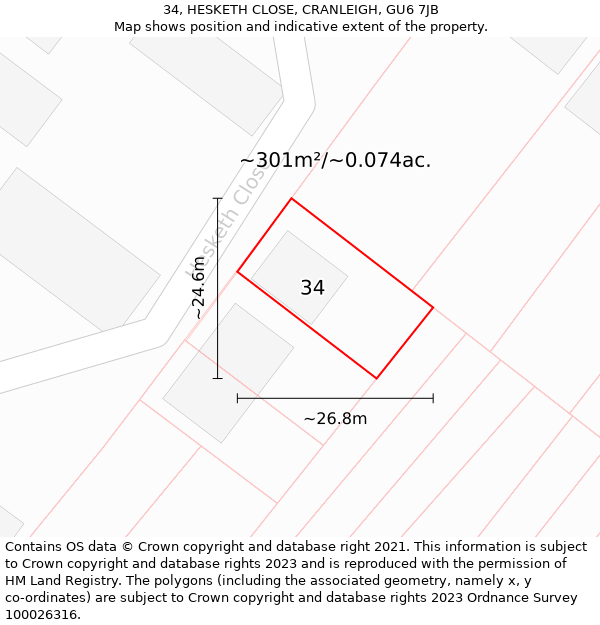 34, HESKETH CLOSE, CRANLEIGH, GU6 7JB: Plot and title map